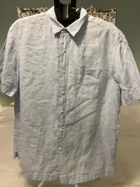 L.L.Bean 100% Linen Short Sleeve Button Down Shirt Light Blue Size L